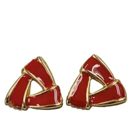Vintage Art Deco Red Enamel Geometric Earrings Gold Tone - Picture 1 of 2